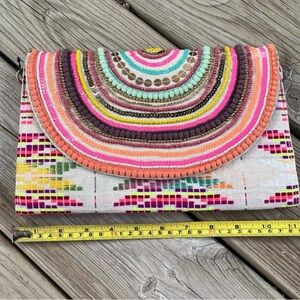 Francesca's Collections Pink and Orange Clutch with Ethnic Pixel Art